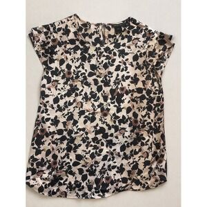 Ann Taylor Womens XS Floral Cap Sleeve Blouse Pink Black Leaf Print Keyhole Back